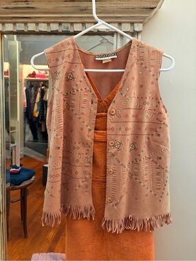 Notations Pastel Accents Suede Embroidered Fringe Vest